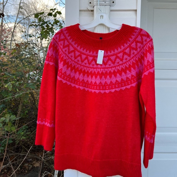 NWT Talbots Gorgeous Red Pink Woven Fair Isle Long Sleeve Sweater - Picture 5 of 5